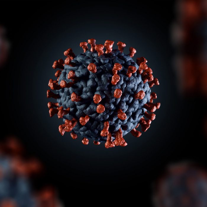3D illustration of corona virus coronavirus COVID-2019 in microscope