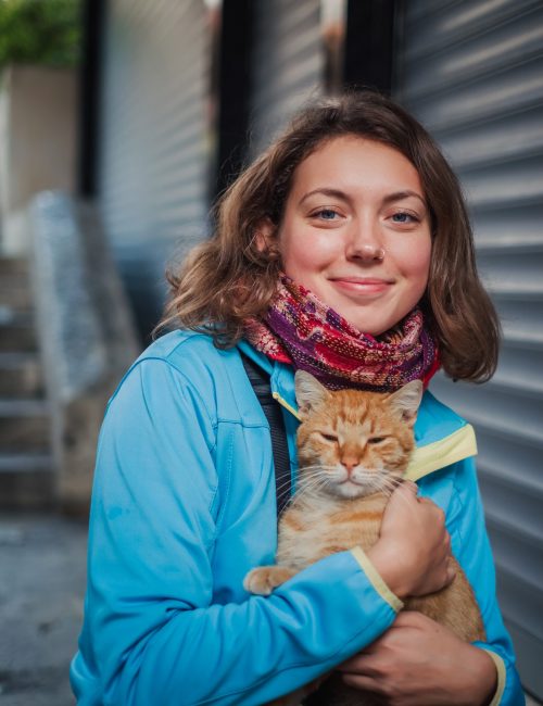 Tourist woman playing with red homeless cat Portrait of beautiful woman that paying with red homeless cat. Love and fun emotion for pets