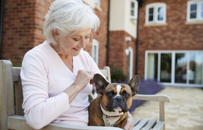 Senior Woman Sitting On Bench With Pet French Bulldog In Assisted Living Facility