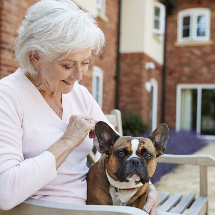 Senior Woman Sitting On Bench With Pet French Bulldog In Assisted Living Facility