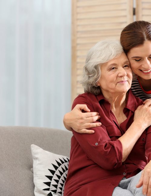 Elderly woman with female caregiver in living room. Space for text Elderly woman with female caregiver in living room. Space for text